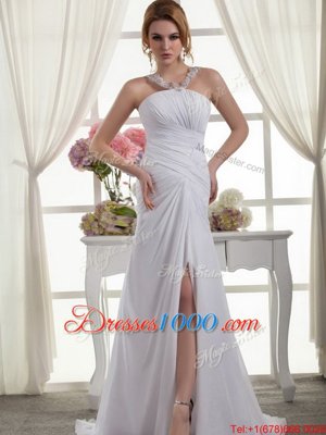 White Sleeveless Ruching Zipper Bridal Gown