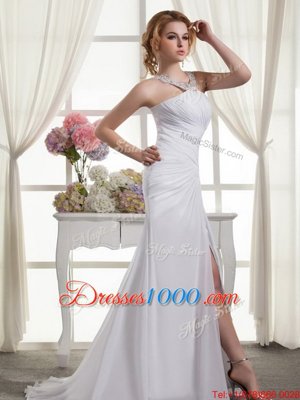 White Sleeveless Ruching Zipper Bridal Gown