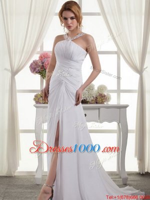 White Sleeveless Ruching Zipper Bridal Gown