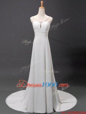 White Column/Sheath V-neck Sleeveless Chiffon With Brush Train Lace Up Beading Wedding Dresses