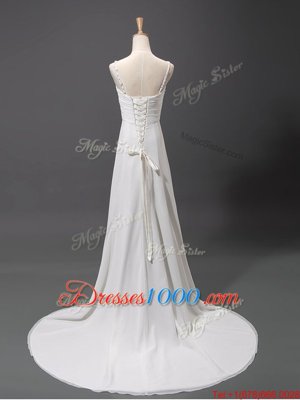 White Column/Sheath V-neck Sleeveless Chiffon With Brush Train Lace Up Beading Wedding Dresses