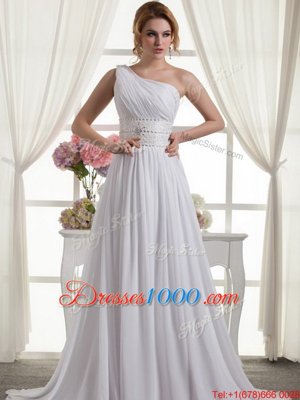 Modern One Shoulder White Sleeveless Beading and Ruching Lace Up Bridal Gown
