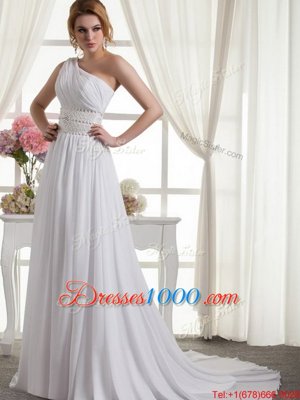 Modern One Shoulder White Sleeveless Beading and Ruching Lace Up Bridal Gown