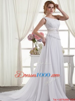 Modern One Shoulder White Sleeveless Beading and Ruching Lace Up Bridal Gown