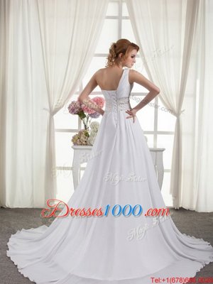 Modern One Shoulder White Sleeveless Beading and Ruching Lace Up Bridal Gown