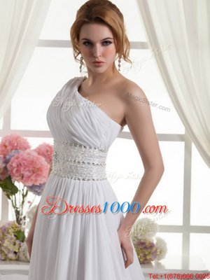 Modern One Shoulder White Sleeveless Beading and Ruching Lace Up Bridal Gown