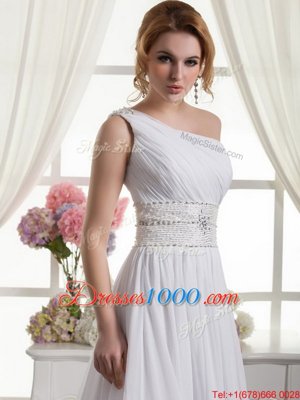 Modern One Shoulder White Sleeveless Beading and Ruching Lace Up Bridal Gown