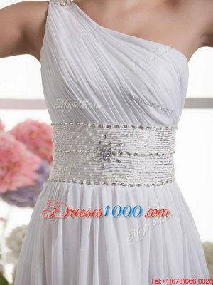 Modern One Shoulder White Sleeveless Beading and Ruching Lace Up Bridal Gown