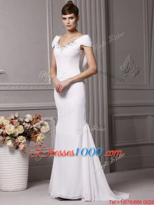 Mermaid Cap Sleeves Chiffon With Brush Train Side Zipper Wedding Dresses in White for with Beading and Hand Made Flower
