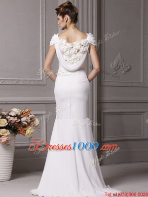Mermaid Cap Sleeves Chiffon With Brush Train Side Zipper Wedding Dresses in White for with Beading and Hand Made Flower