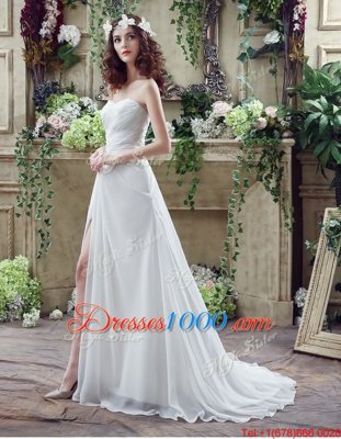 Sleeveless Brush Train Beading and Ruching Lace Up Wedding Gown