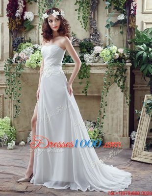 Sleeveless Brush Train Beading and Ruching Lace Up Wedding Gown