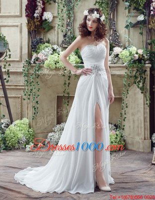 Sleeveless Brush Train Beading and Ruching Lace Up Wedding Gown