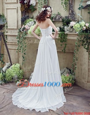 Sleeveless Brush Train Beading and Ruching Lace Up Wedding Gown