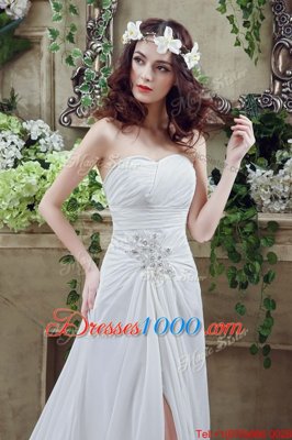 Sleeveless Brush Train Beading and Ruching Lace Up Wedding Gown