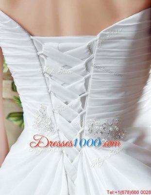 Sleeveless Brush Train Beading and Ruching Lace Up Wedding Gown