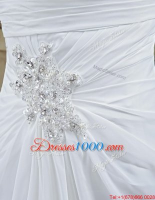 Sleeveless Brush Train Beading and Ruching Lace Up Wedding Gown