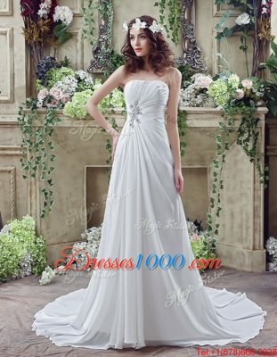 Hot Selling White Empire Beading and Appliques and Ruching Wedding Gown Lace Up Chiffon Sleeveless