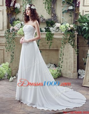 Hot Selling White Empire Beading and Appliques and Ruching Wedding Gown Lace Up Chiffon Sleeveless