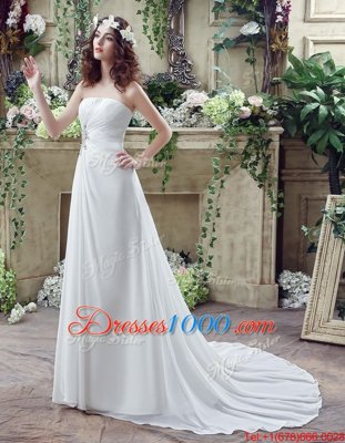 Hot Selling White Empire Beading and Appliques and Ruching Wedding Gown Lace Up Chiffon Sleeveless