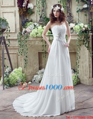 Hot Selling White Empire Beading and Appliques and Ruching Wedding Gown Lace Up Chiffon Sleeveless