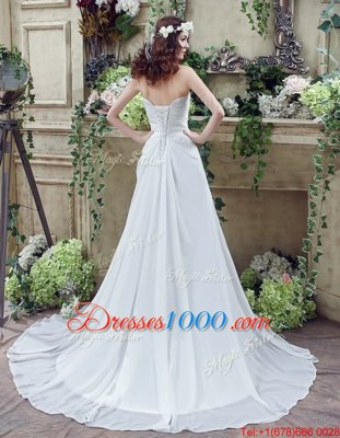 Hot Selling White Empire Beading and Appliques and Ruching Wedding Gown Lace Up Chiffon Sleeveless