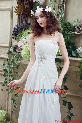 Hot Selling White Empire Beading and Appliques and Ruching Wedding Gown Lace Up Chiffon Sleeveless