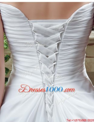 Hot Selling White Empire Beading and Appliques and Ruching Wedding Gown Lace Up Chiffon Sleeveless