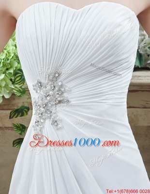 Hot Selling White Empire Beading and Appliques and Ruching Wedding Gown Lace Up Chiffon Sleeveless