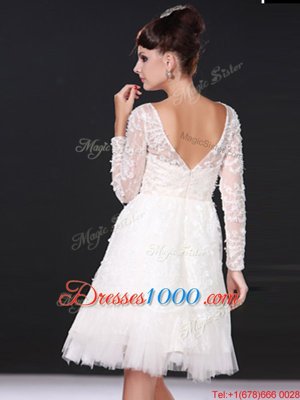 White Lace Zipper Bateau Long Sleeves Knee Length Wedding Gown Lace