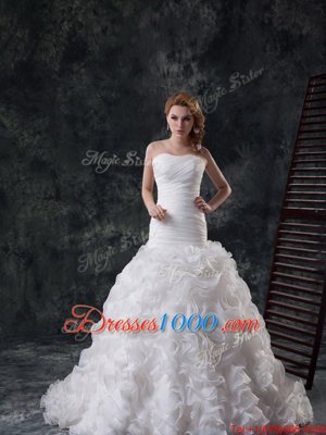 Sumptuous Sweetheart Sleeveless Fabric With Rolling Flowers Wedding Gowns Ruffles and Ruching Brush Train Lace Up