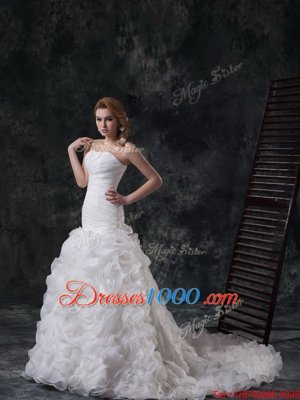 Sumptuous Sweetheart Sleeveless Fabric With Rolling Flowers Wedding Gowns Ruffles and Ruching Brush Train Lace Up