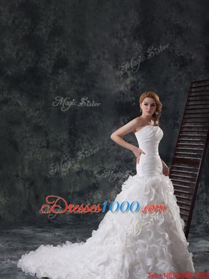 Sumptuous Sweetheart Sleeveless Fabric With Rolling Flowers Wedding Gowns Ruffles and Ruching Brush Train Lace Up