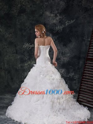 Sumptuous Sweetheart Sleeveless Fabric With Rolling Flowers Wedding Gowns Ruffles and Ruching Brush Train Lace Up