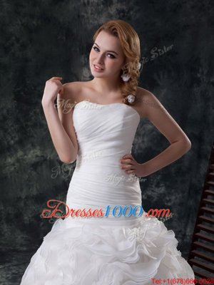 Sumptuous Sweetheart Sleeveless Fabric With Rolling Flowers Wedding Gowns Ruffles and Ruching Brush Train Lace Up