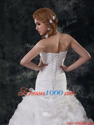 Sumptuous Sweetheart Sleeveless Fabric With Rolling Flowers Wedding Gowns Ruffles and Ruching Brush Train Lace Up