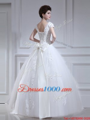 Dazzling V-neck Sleeveless Tulle Wedding Dress Beading and Appliques and Sashes|ribbons and Bowknot Lace Up