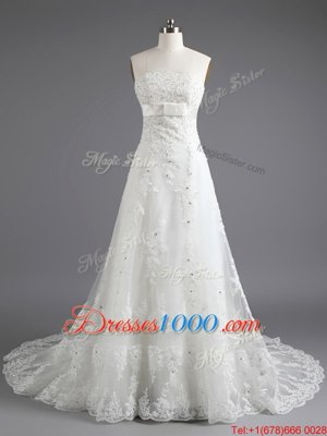 Lace Sleeveless With Train Wedding Gown Court Train and Beading and Lace
