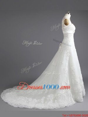 Lace Sleeveless With Train Wedding Gown Court Train and Beading and Lace