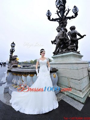 Charming White Organza Lace Up Wedding Dress Short Sleeves With Train Sweep Train Beading and Lace and Appliques