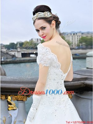 Charming White Organza Lace Up Wedding Dress Short Sleeves With Train Sweep Train Beading and Lace and Appliques