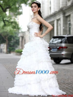 White A-line Strapless Sleeveless Organza Floor Length Lace Up Beading and Ruffles and Ruffled Layers Wedding Gown