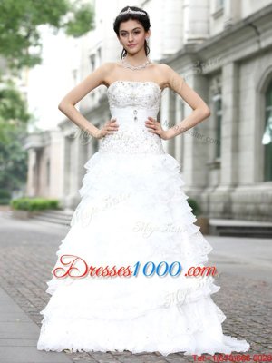 White A-line Strapless Sleeveless Organza Floor Length Lace Up Beading and Ruffles and Ruffled Layers Wedding Gown