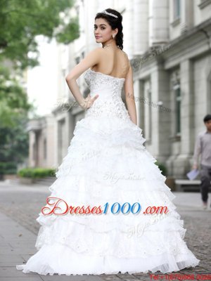 White A-line Strapless Sleeveless Organza Floor Length Lace Up Beading and Ruffles and Ruffled Layers Wedding Gown