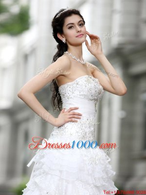 White A-line Strapless Sleeveless Organza Floor Length Lace Up Beading and Ruffles and Ruffled Layers Wedding Gown