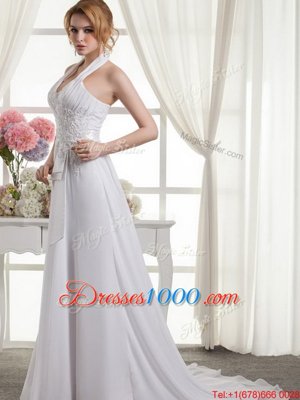 Halter Top White Lace Up Wedding Gown Lace and Appliques and Ruching and Bowknot Sleeveless