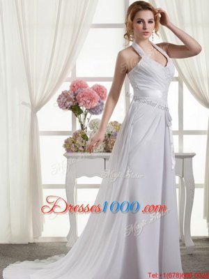 Halter Top White Lace Up Wedding Gown Lace and Appliques and Ruching and Bowknot Sleeveless