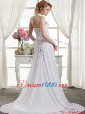 Halter Top White Lace Up Wedding Gown Lace and Appliques and Ruching and Bowknot Sleeveless