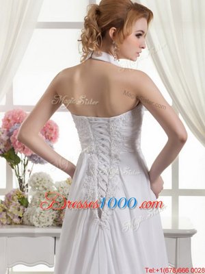 Halter Top White Lace Up Wedding Gown Lace and Appliques and Ruching and Bowknot Sleeveless