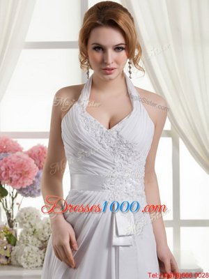 Halter Top White Lace Up Wedding Gown Lace and Appliques and Ruching and Bowknot Sleeveless